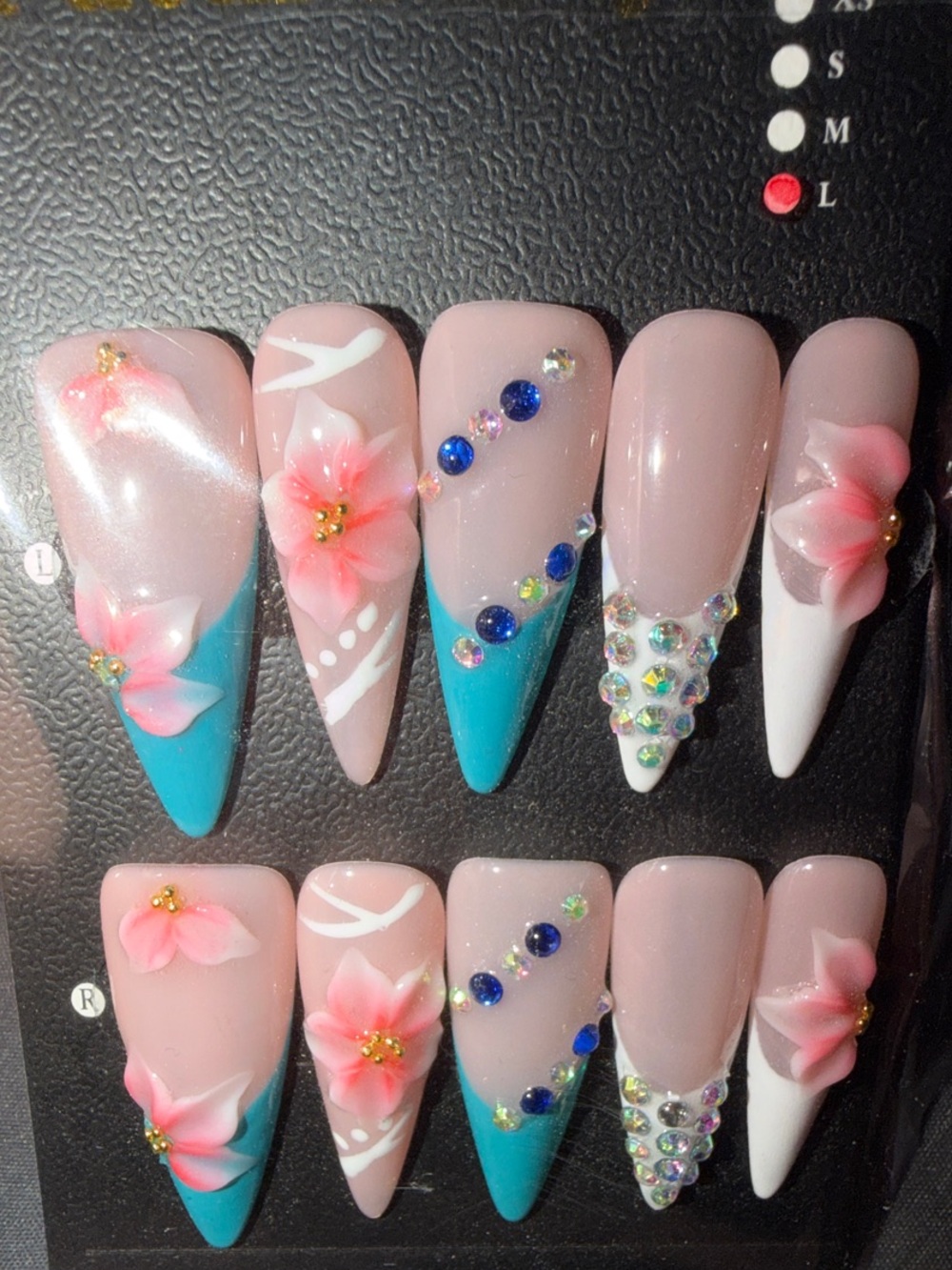 (LARGE) Pink & Teal Floral Rhinestone Press-On Nails